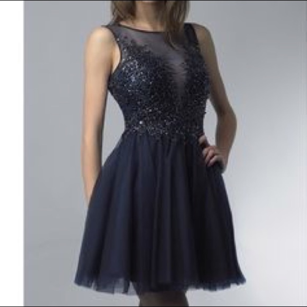 Navy fit and flare dress.